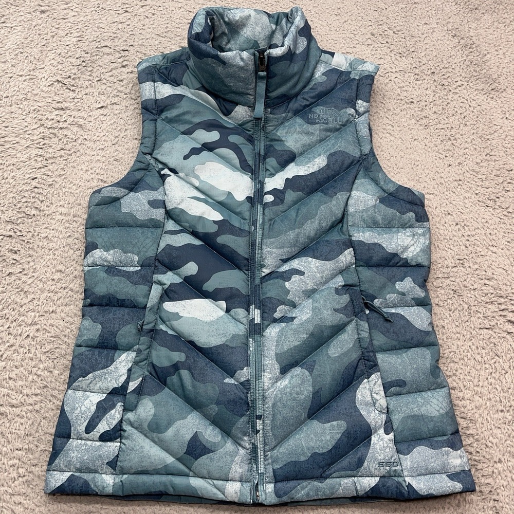 The North Face Alpz 2.0 550 Goose Down Vest Womens S Camo Blue Quilted Gorpcore